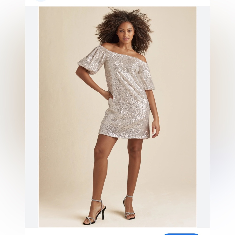 Venus Silver Sequin Cocktail mini Dress 2X on off shoulder short sleeve stretch